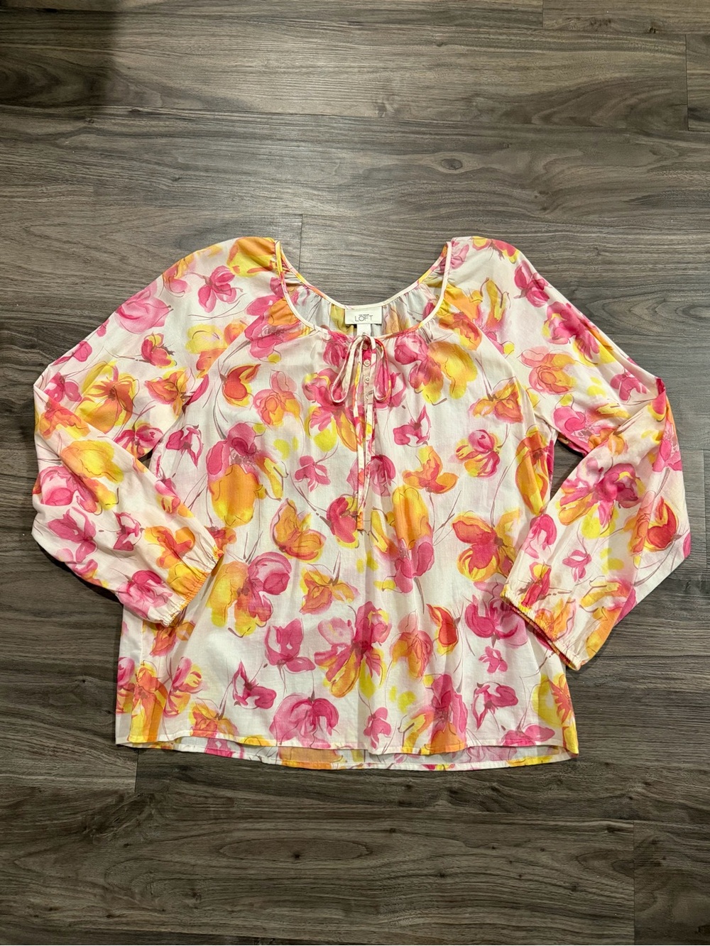 LOFT Pink & Yellow Floral Tie-Neck Blouse